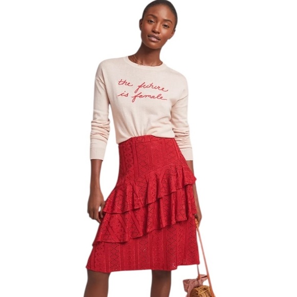 NWT Anthropologie Red Angled Tiered Eyelet Knit Pull On Skirt - Picture 2 of 11